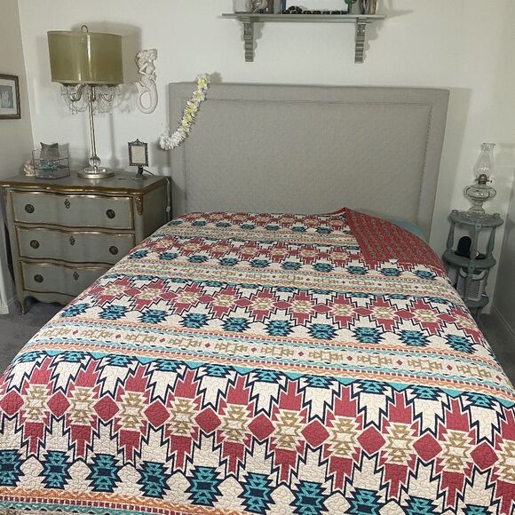 HIEnd Accent bedspread/quilt Southwestern Aztec Vtg Queen"Spirit Valley" - Picture 1 of 7